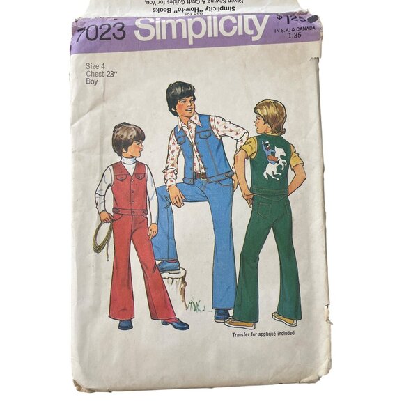 70s Simplicity 7023 Boys Vest Jeans Sewing Pattern Size 4 Applique Transfer CUT - Picture 1 of 6